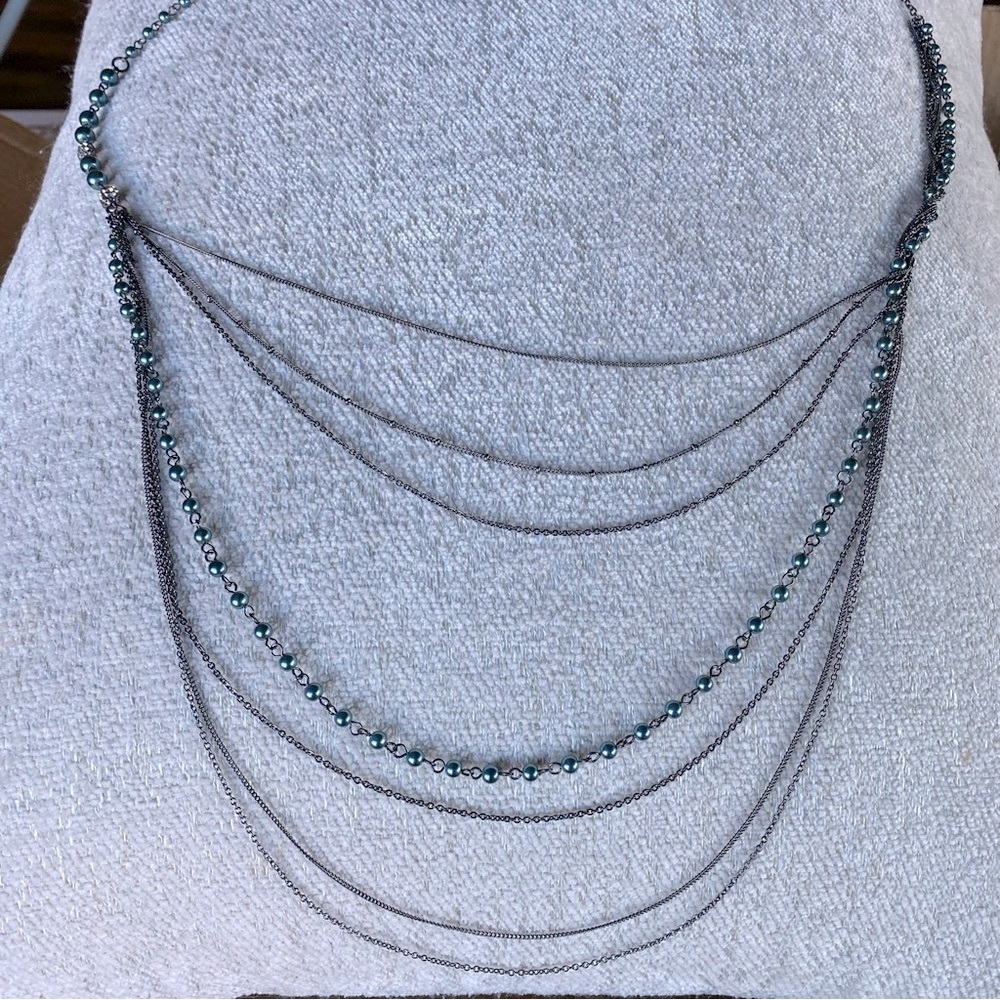 Marlyn Schiff Necklace Long, Multiple Strand Silver Blue/Gray Beads